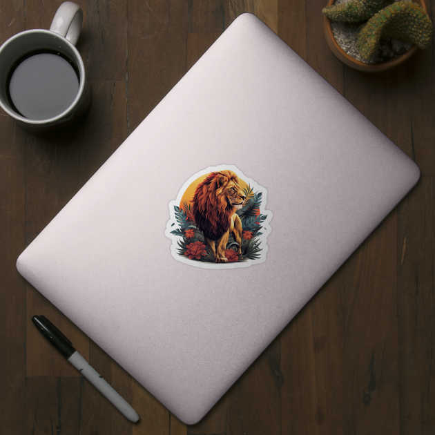 A Proud Lion At Sunset Red Flowers In The Jungle The King of the Jungle Lion by Tees 4 Thee